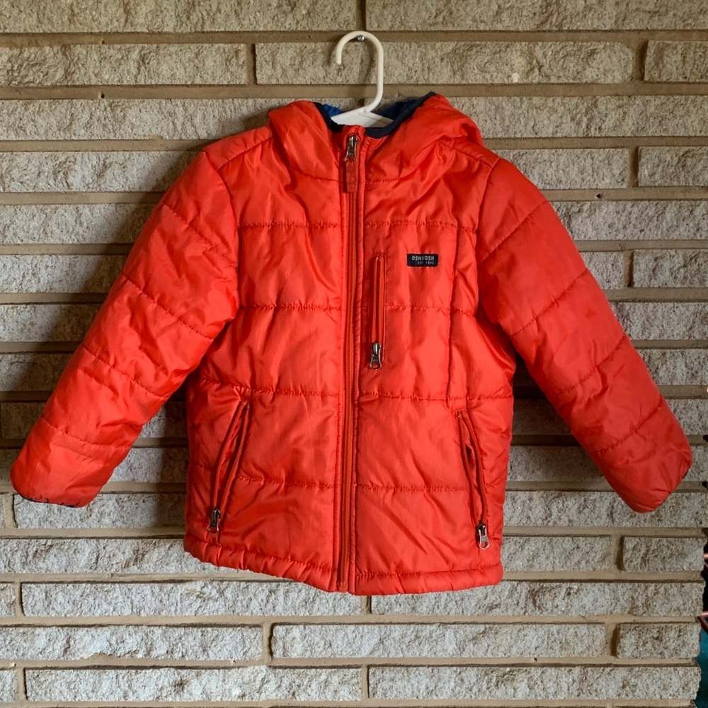 Boys Orange Puffer OSHKOSH Jacket, Blue lining